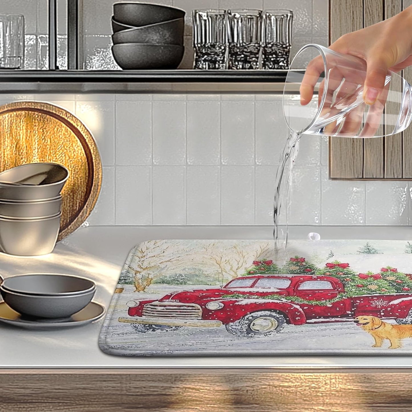Christma Red Truck Dish Drying Mat Winter Dog Large Kitchen Mats Dish Drying Pad Xmas Tree Vintage Absorbent Dish Dryer Mat for Kitchen Countertops Microfiber Drainer Pad Dish Drying Mats (18x24 in)