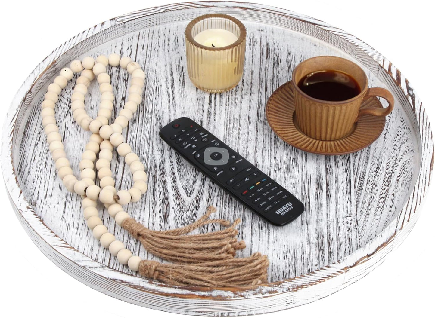 Extra Large Round Ottoman Table Tray 20" - Rustic Wooden Serving Tray for Farmhouse Decorative Oversized Coffee Table Trays Living Room Kitchen Counter Breakfast White