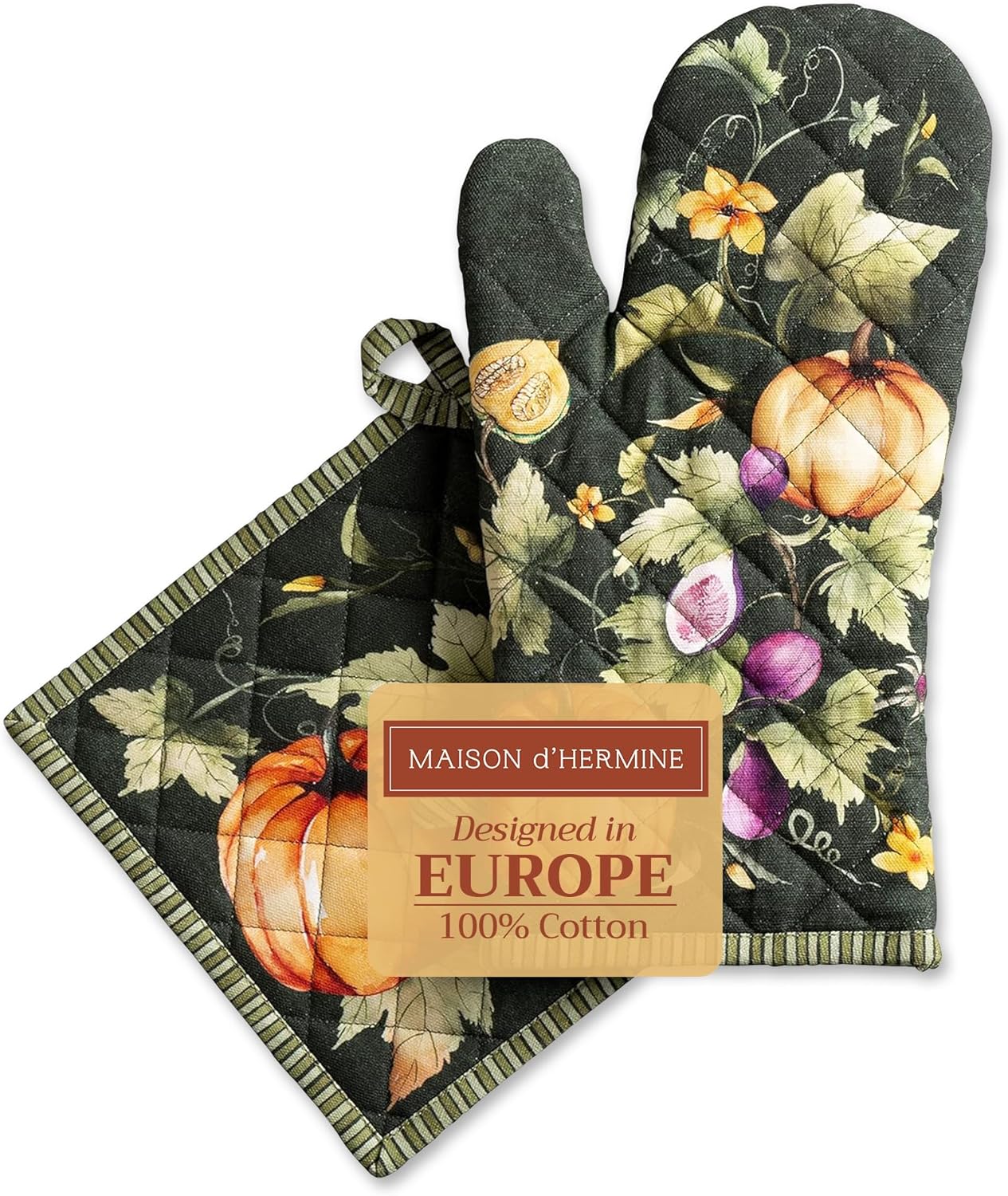 Maison d' Hermine 100% Cotton Oven Mitt & Pot Holder Set (7.5"x13" & 8"x8") Heat Resistant BBQ Cooking Gloves with Loop, Baking, Grilling, Kitchen, Handling Hot Pans (Pumpkin Garden - Dark Green)