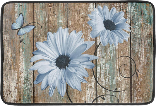 Rustic Daisy Dish Drying Mat for Kitchen Countertop 18x24 inch Blue Sunflowers on Wooden Board Dish Drainer Mats Fast Drying Country Vintage Style Shabby Chic Flower Dish Drying Pad Decor Large