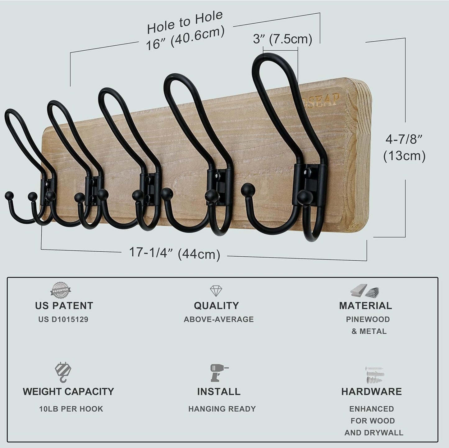 Dseap Coat Rack Wall Mounted - Heavy Duty Farmhouse Rustic Wall Coat Hanger with 5 Wire Hooks for Clothes Hat Jacket Towel, RusticWire, J1-5A, Weathered Brown & Black, Pack of 2