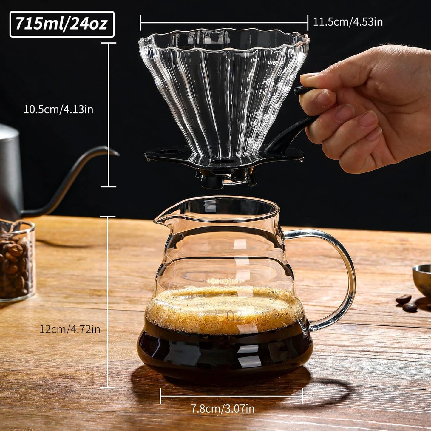 Unbreakable - Pour Over Coffee Maker 720ML/24OZ, Heat Resistant Borosilicate Glass Dripper with Filter Holder, BPA-Free Manual Coffee Brewer for Home and Office Use