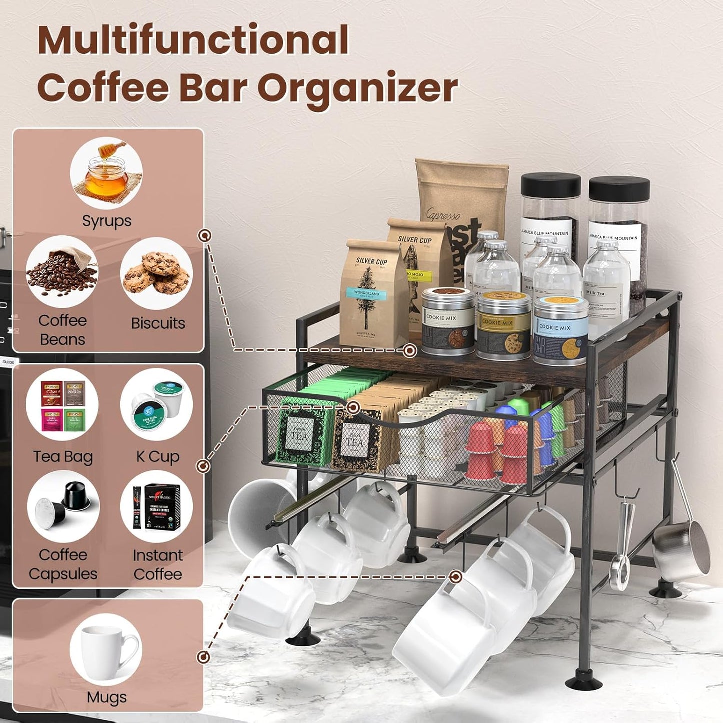Coffee Bar Organizer Countertop, 2 Tier Mug Cup Holder Stand with 10 Hooks, 60 K Cup Coffee Pod Drawer with Mug Rack, Multifunctional Shelf Organizer for Kitchen, Vintage Brown