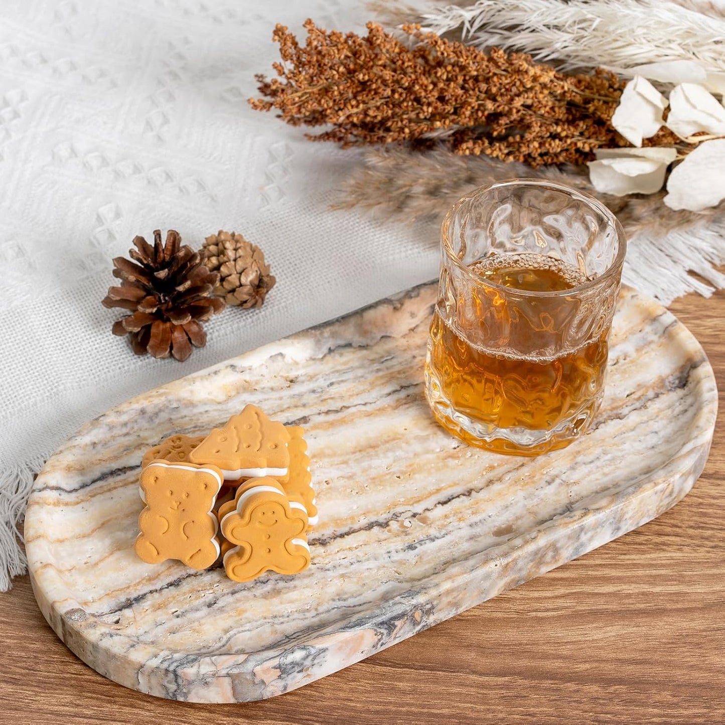 Koville Natural Marble Bathroom Tray for Decor Countertop, Marble Vanity Tray for Candles Perfume, Jewelry, Cosmetics, Stone Decorative Trays for Dresser Organizer(White Traonyx)