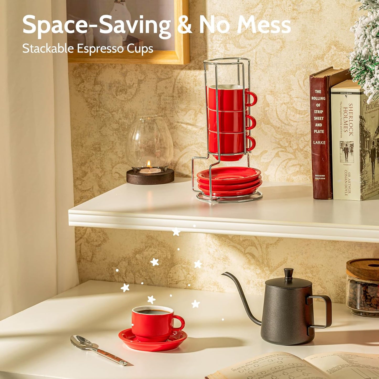 Sweese 2.5 Ounce Porcelain Stackable Espresso Cups with Saucers and Metal Stand Set of 4, Red