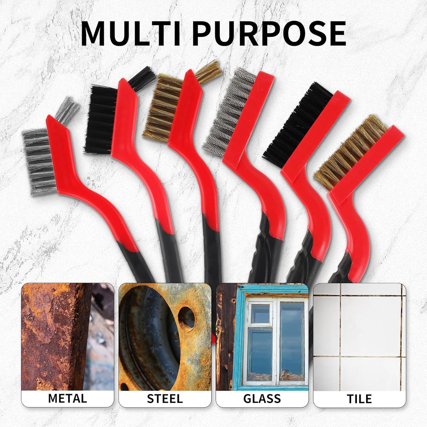 A A IN 6-Pack Wire Brush Set Nylon/Brass/Stainless Steel Bristles with Curved Handle Grip Scratch Brushes for Deep Cleaning and Rust Removing Small Cleaning Brushes - 7 Inches (Red)