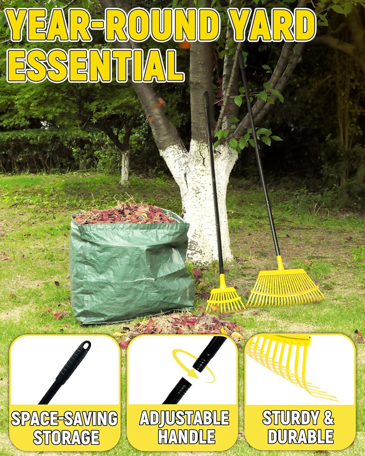 Garden Leaf Rake 2 Pack, 11+25 Tines Metal Leaf Rake with Adjustable Handle, Heavy Duty Lawn Yard Rakes Set for Leaves, Grass, Shrubs, Debris, Pine Needles, Garden Cleanup Tools for Backyard