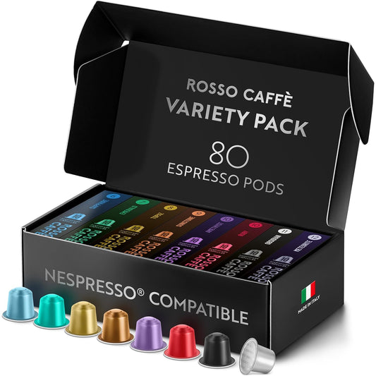 ROSSO CAFFÈ Espresso Coffee Pods for Nespresso Original Machines - 80 Capsules Variety Pack, 8 Signature Flavors, Medium to Dark Roast - Made in Italy