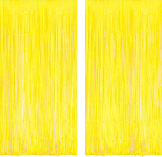 BRAVESHINE Foil Fringe Curtain Backdrop - 2 Pack Yellow Tinsel Photo Booth Backdrop Party Streamers for Easter, Birthdays, Christmas, Lemon, Pineapples, Kids' Party Decorations