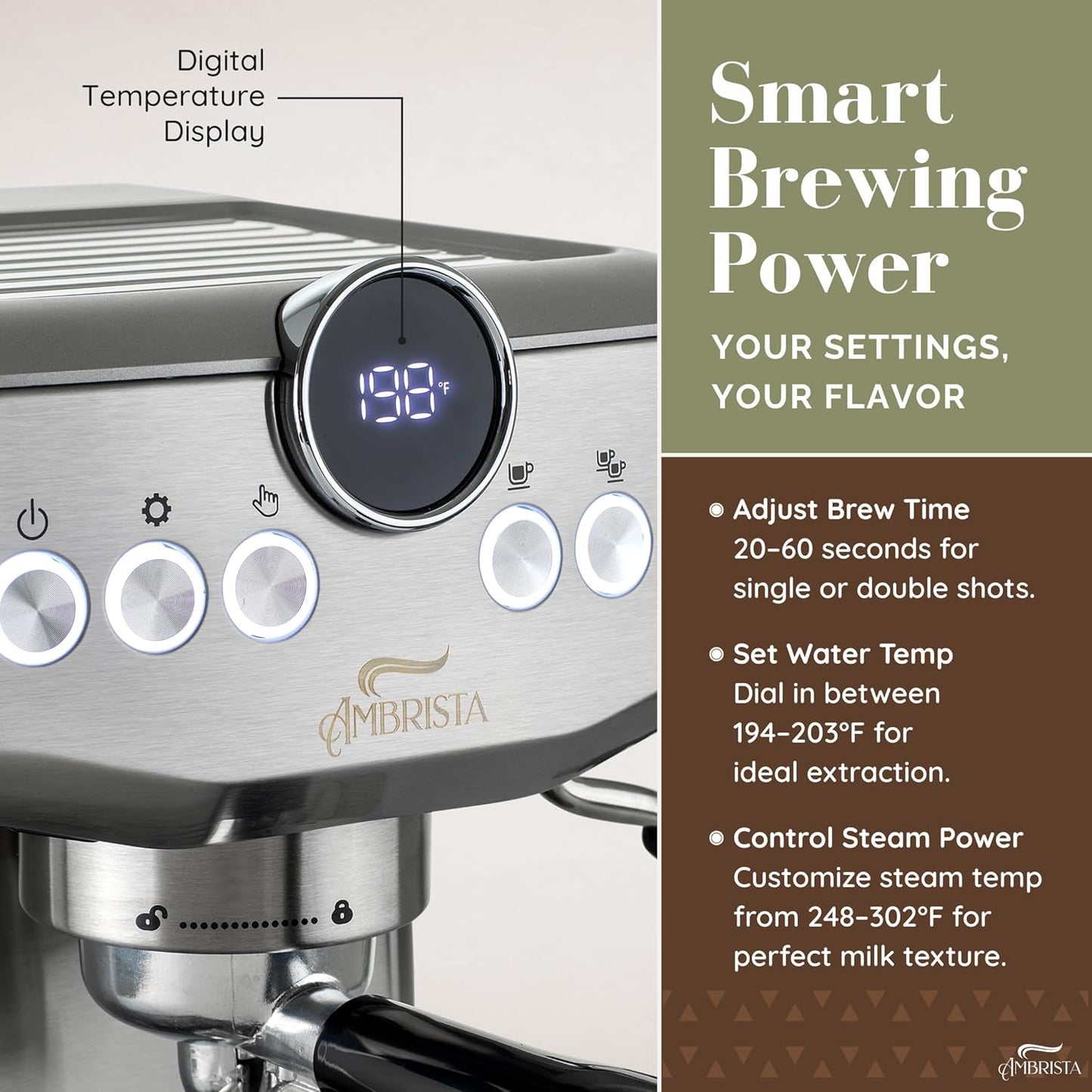 Espresso Machine 20 Bar with Steam Milk Frother | Stainless Steel Espresso Maker with Customizable Brewing Temperature | 60oz Removable Water Tank | Perfect for Cappuccinos, Lattes and More