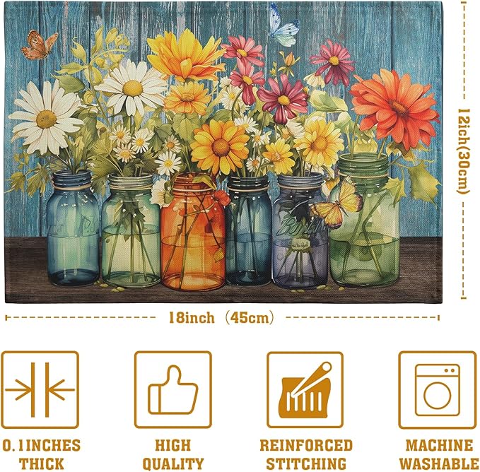 Rustic Daisy Placemats Set of 4 Vintage Flower Vases Wood Grain Linen Table Mats 12x18 Inch Summer Floral Wooden Board Farmhouse Washable Place Mat for Party Kitchen Dining Outdoor Indoor Decor