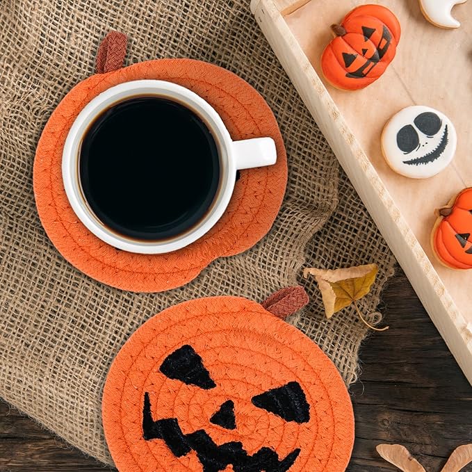 Whaline 4Pcs Halloween Pumpkin Handmade Braided Cotton Coasters Orange Black Pumpkin Shape Drink Coasters Absorbent Cup Coasters for Home Office Party Decor, 4.7 Inch