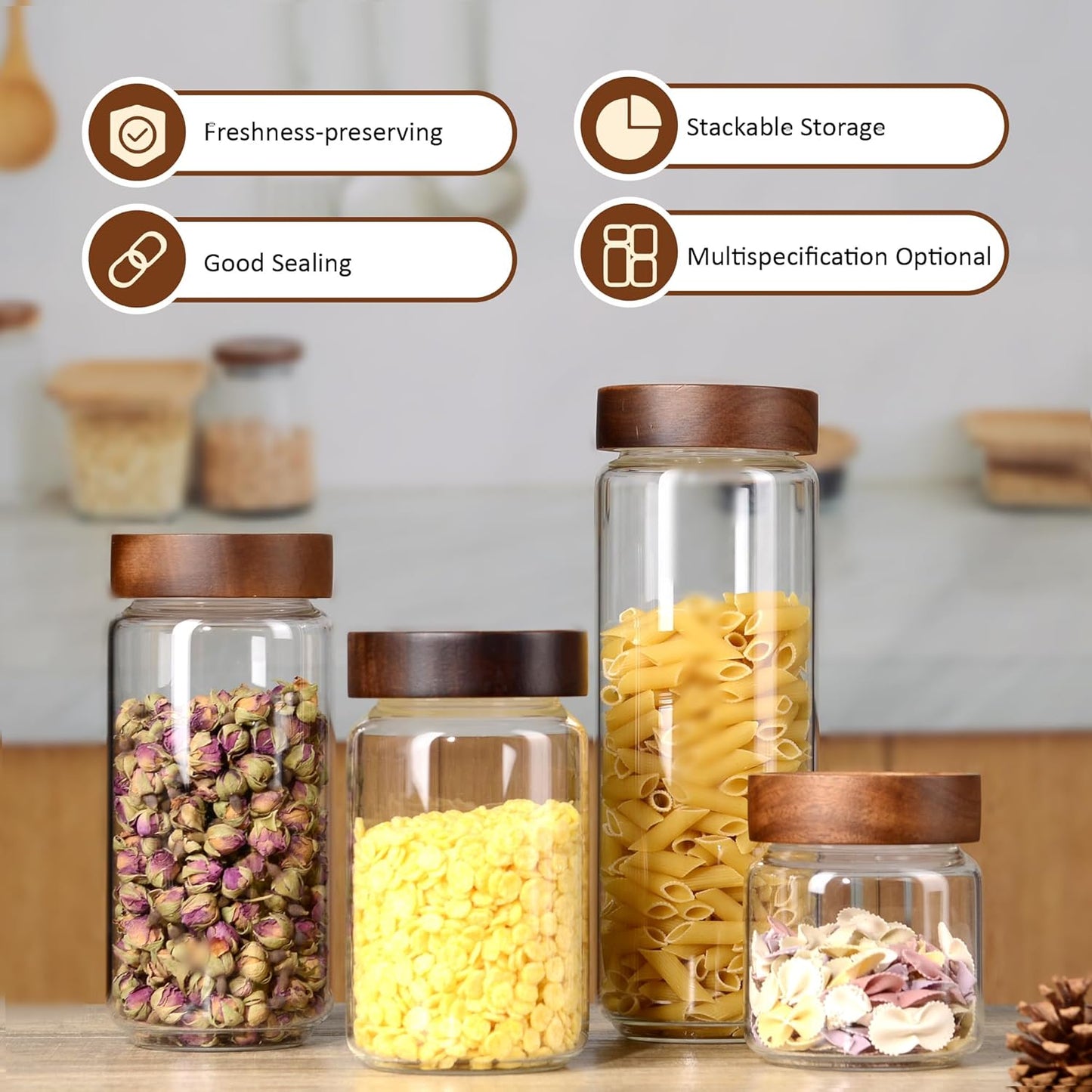 24 oz/710 ml Glass Jar with Airtight Wooden Screw Top Lid, Clear Stackable Food Storage Canister, Medium Cute Decorative Glass Container for Coffee, Candy, Cookie, Sugar, Oatmeal, Salt, Spice