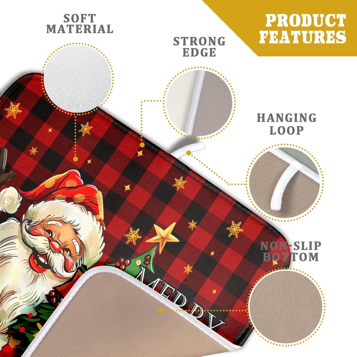 Merry Christmas Santa Claus Red Buffalo Plaid Dish Drying Mat for Kitchen Counter,Winter Snowflake Xmas Tree Drying Mat 16 x 18 Inch with Absorbent Reversible Microfiber Dish Drying Pad for Coffee Bar