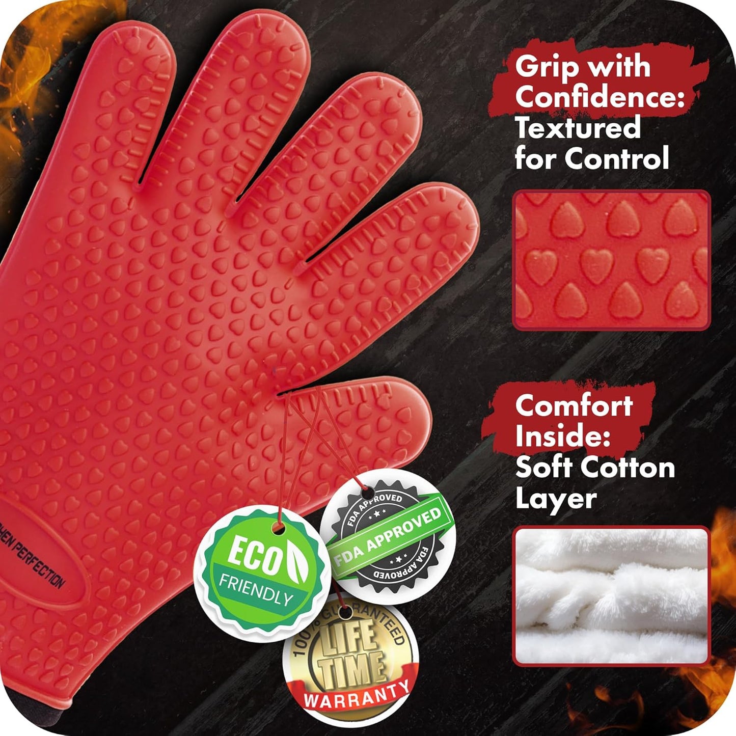 KITCHEN PERFECTION S Silicone Smoker Oven Gloves -Extreme Heat Resistant BBQ Gloves -Handle Hot Food Right on Your Grill Fryer Pit|Waterproof Oven Mitts |Superior Value Set+3 Bonuses