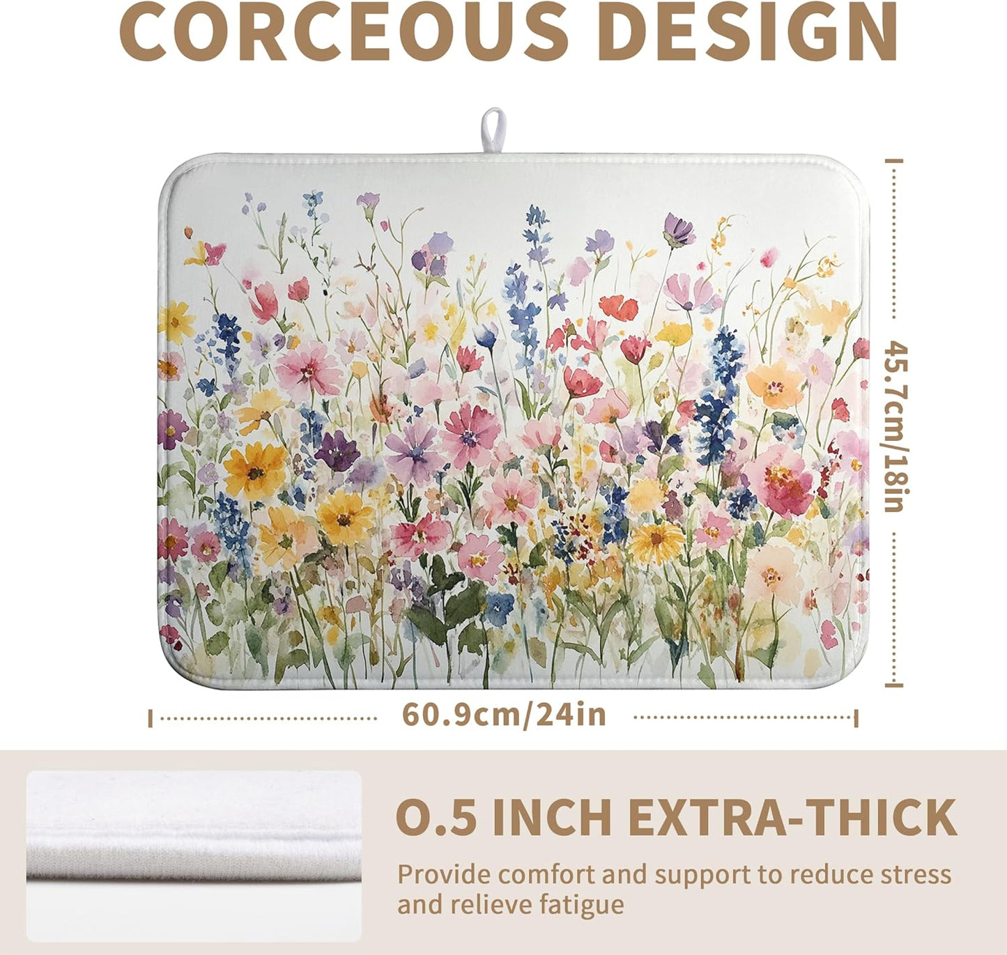 Spring Floral Dish Drying Mat for Kitchen Counter Summer Colorful Flower Kitchen Dishes Dryer Pad Absorbent Matt Microfiber Washable Foldable Reusable Large 18x24 in