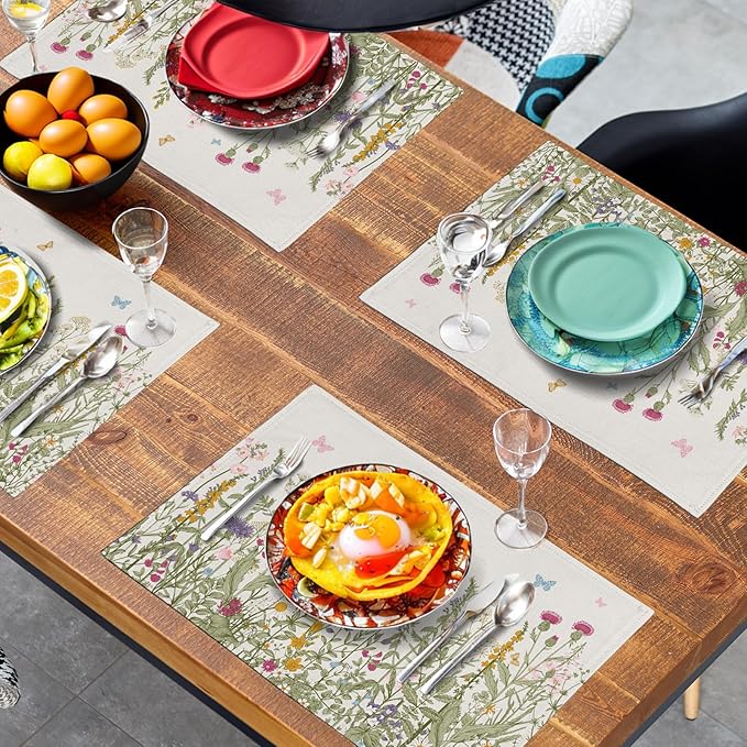Rustic Wildflower Floral Placemats Set of 4 Spring Summer Vintage Flowers Plants Herbs Linen Table Mats 12x18 Inch Seasonal Flower Decorative Place mats for Farmhouse Kitchen Dining Decoration