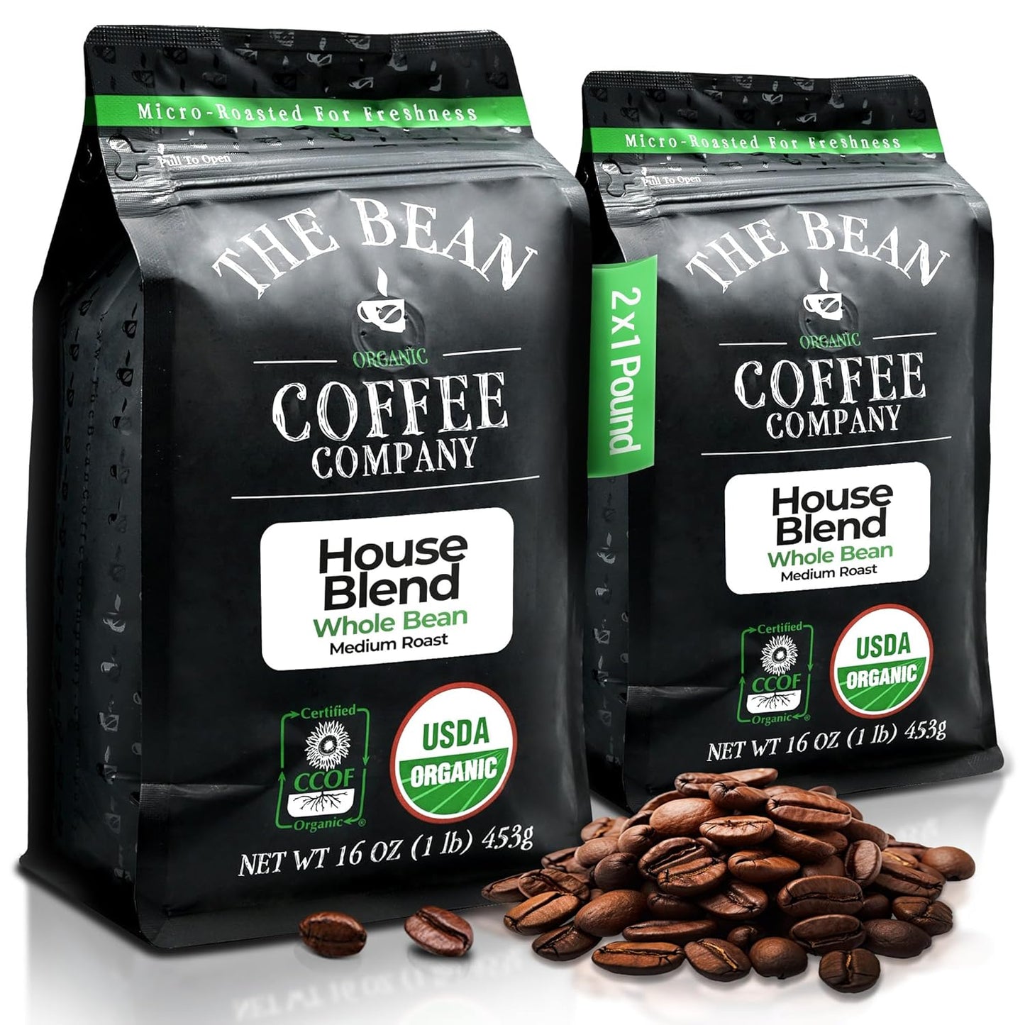 The Bean Organic Coffee Company House Blend, Medium Roast, Whole Bean Coffee, 16-Ounce Bags (Pack of 2)