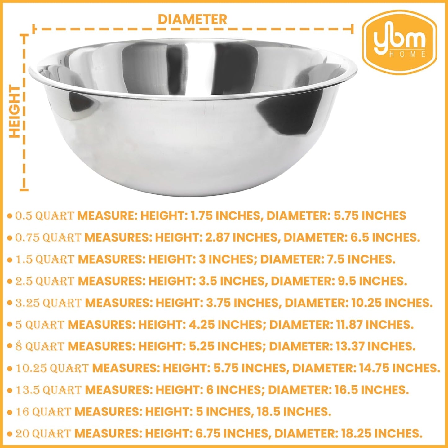 YBM HOME Stainless Steel Mixing Bowl - Premium Polished Mirror Nesting Metal Bowl for Cooking and Serving, Stackable for Convenient Storage 1194 (10.25 Quart)