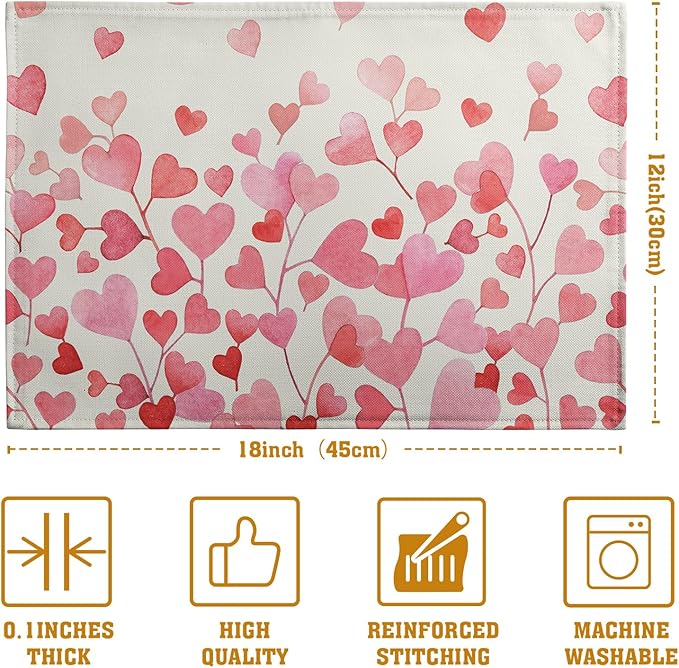 Pink Love Heart Valentine's Day Placemats Set of 4 Valentine Seasonal Holiday Linen Table Mats 12x18 Inch Anniversary Wedding Sweet Romantic Place Mats for Party Kitchen Dining Outdoor Indoor Decor