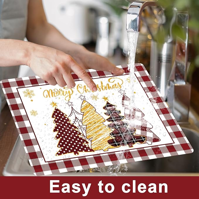 Winter Christmas Placemats Set of 6 Merry Christmas Watercolor Buffalo Plaid Plastic Table Mats Red Gold Xmas Trees Place Mat Holiday Table Decoration for Indoor Outdoor Party Kitchen Dining