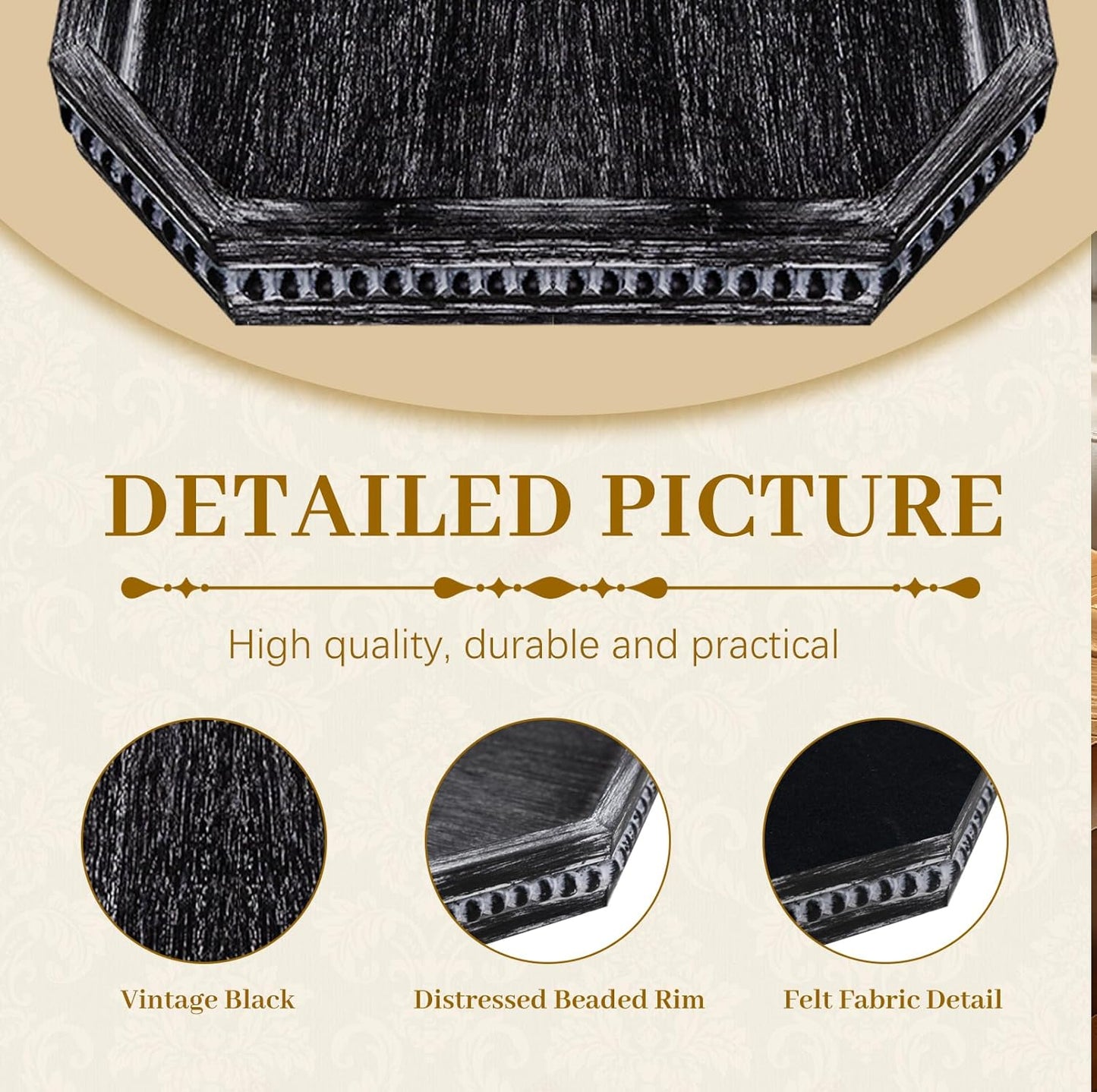MAONAME Wood Serving Tray, Farmhouse Wooden Tray for Coffee Table, Octagonal Beaded Trays, Vintage Black Decorative Trays for Living Room, Kitchen, 15.7" X 10.2" X 1.6"