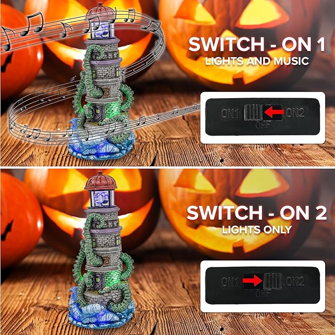 Lighthouse Attack Kraken Theme Spooky Halloween Village Multi-Color LED Lights, Animated Rotating Food Light and Music 6" x 5.5" x 12"