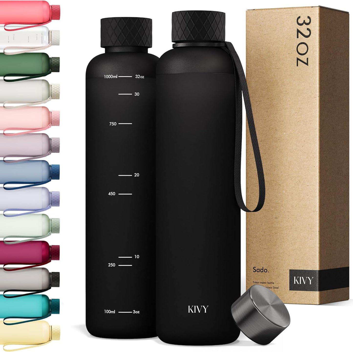 KIVY Slim Water Bottle 32oz [Lightweight & Shatterproof] Fits Backpack & Cupholder for Travel, Sports, School, Gym - Black water bottle no straw - Mens water bottle screw top - Dishwasher Safe