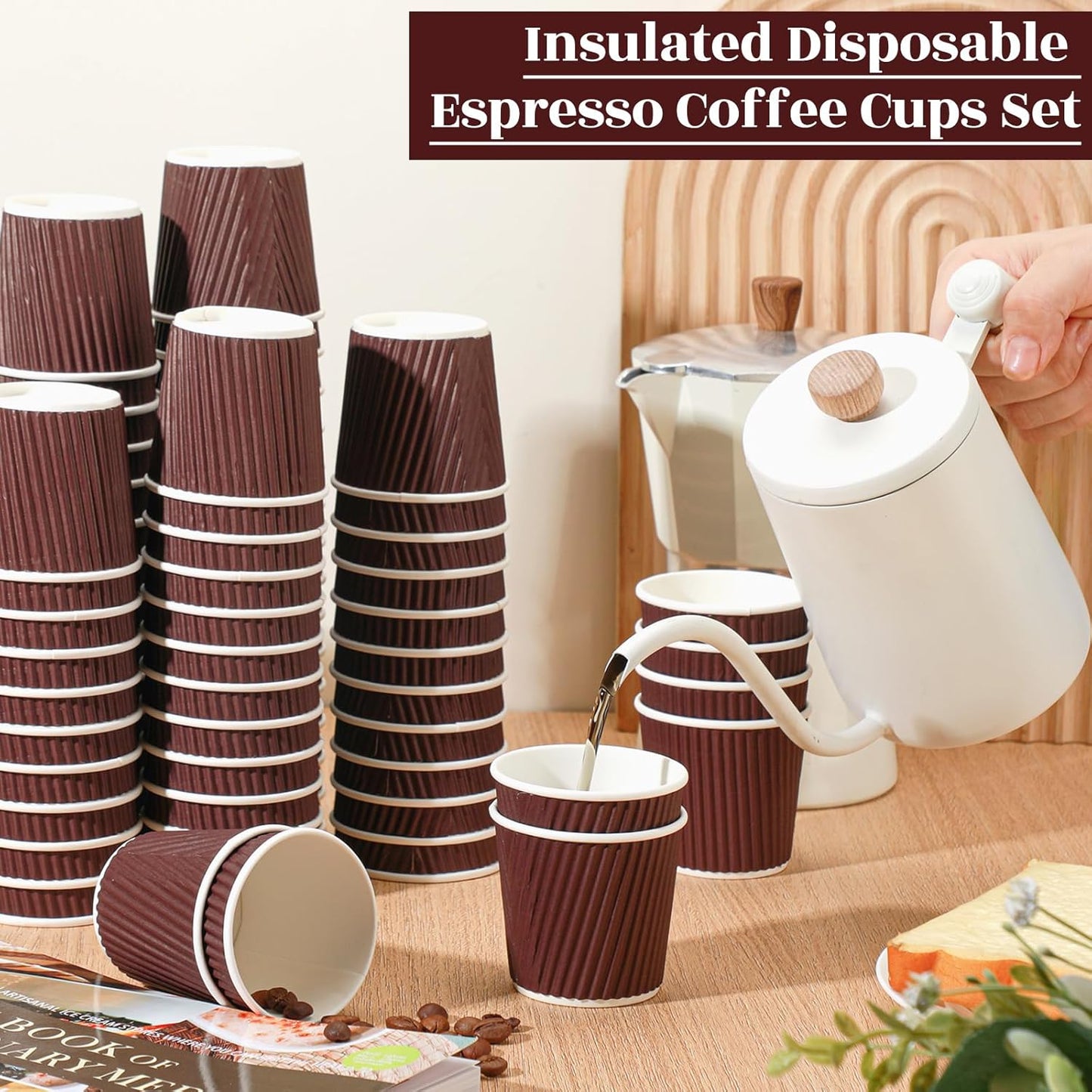 Yaomiao 200 Pcs 4 oz Disposable Espresso Coffee Cups Ripple Corrugated Paper Insulated Hot Cups for Party Cold Drinks Hot Beverage Tea(Coffee)