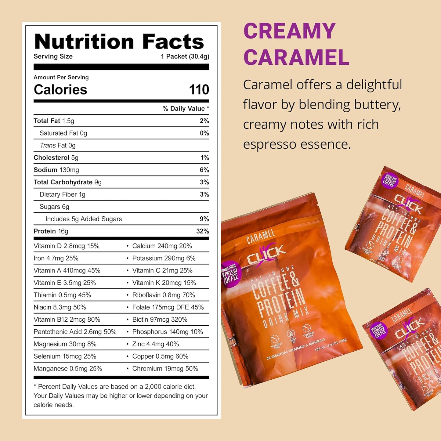 Click Coffee Protein Powder | Double Shot Espresso | 16g Protein | 23 Essential Vitamins | Low Calorie Meal Replacement | 150mg Caffeine | Gluten Free | No Artificial Flavors or Colors | Caramel