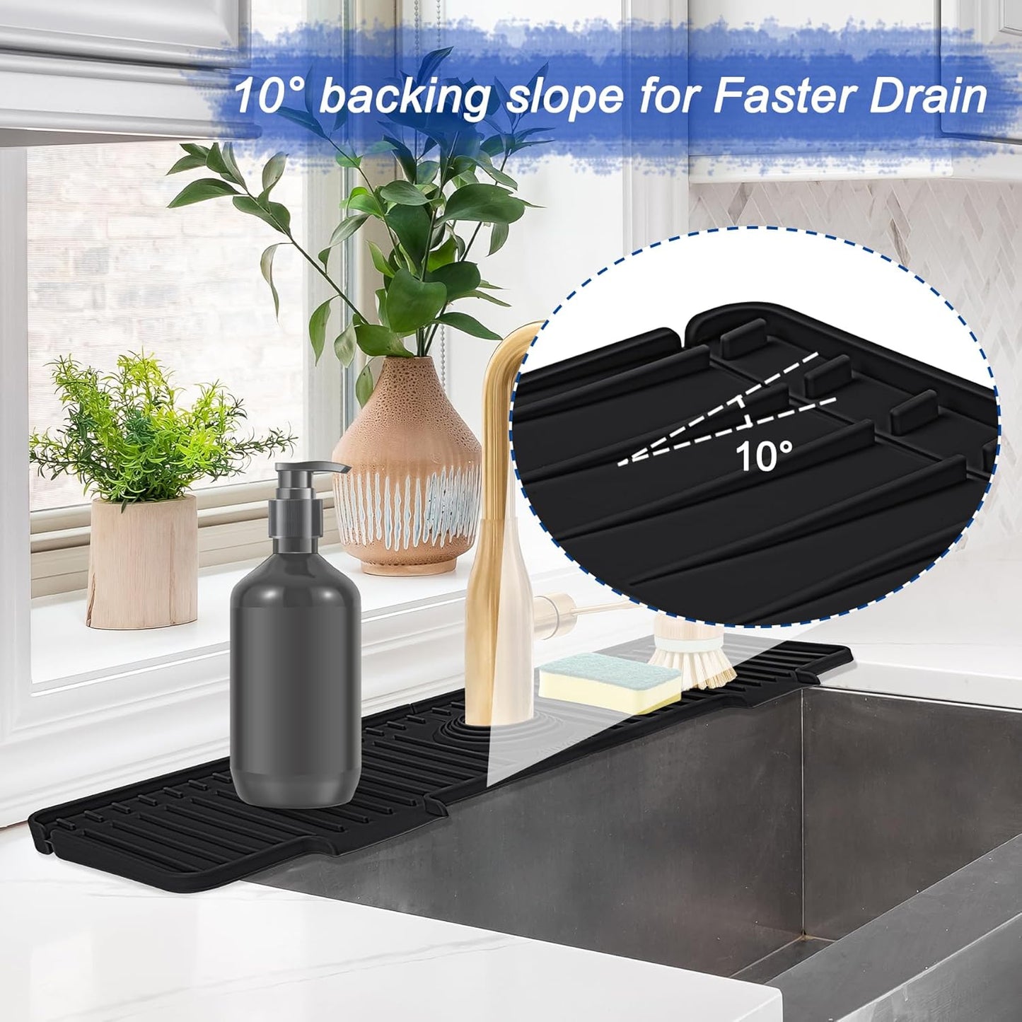Kitchen Sink Splash Guard, 20 inch Silicone Faucet Guard & Draining Mat, 10° Large Slope Sink Faucet Mat Splash Guard, Bathroom Sink Organizer, Kitchen Sink Accessories Gadgets, 20 x 5.5”, Black