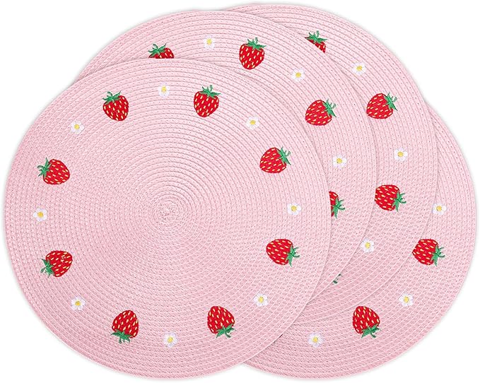Whaline 4Pcs Round Placemats Daisy Strawberry Embroidered Place Mats Summer Strawberry Dinner Table Mats for Home Wedding Baby Shower Birthday Party Decor