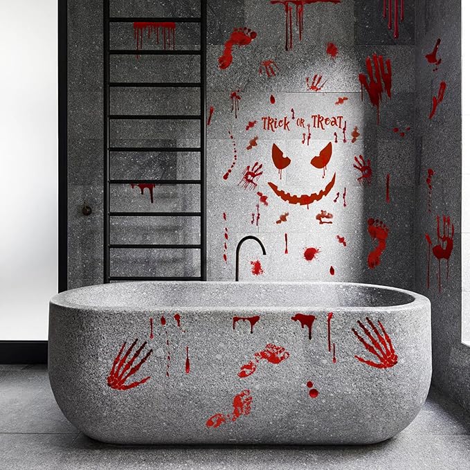 Scary Halloween Decorations Bloody Handprint Footprint Stickers Clings Decals Window Bathroom Floor Restroom，Horror Party Decor Halloween Indoor/Outdoor Decoration