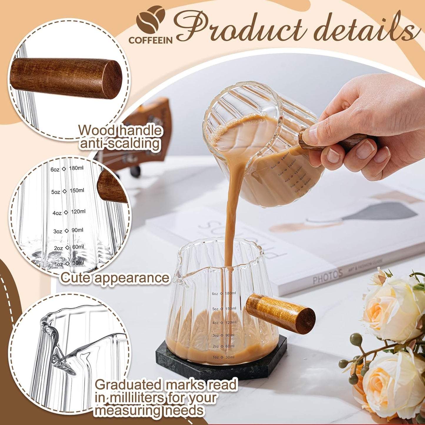 Espresso Shot Glass with Handle, 6 Oz/180 ml Espresso Cups with Single V-shaped Mouth, Measuring Cup for Milk Tea Coffee Bar Accessories(Clear,2 Pcs)