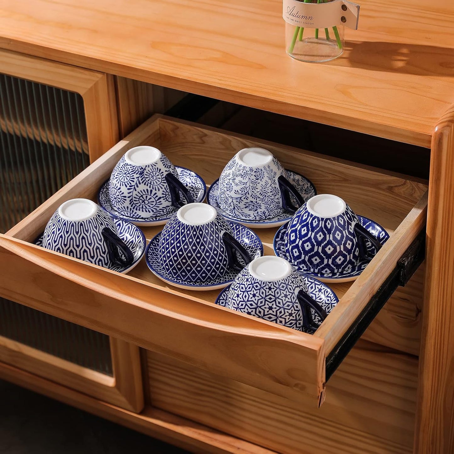 Selamica Ceramic 8 oz Cappuccino Cup Set with Saucers, Espresso Coffee Cups, Latte Macchiato for Party Cafe Home, Set of 6, Vintage Blue