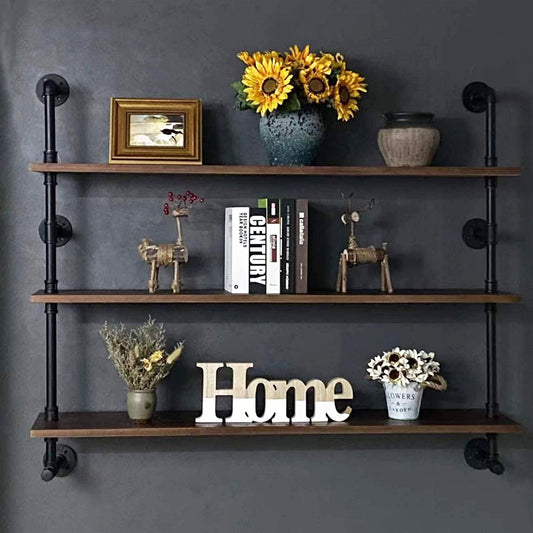 Industrial Pipe Wall Shelves Pipe Shelving with Real Wood Plank,48 Inches Floating Shelves for Wall Farmhouse Pipe Book Shelves Dark Brown 3 Tier for Kitchen,Living Room Decor and Bar Shelving