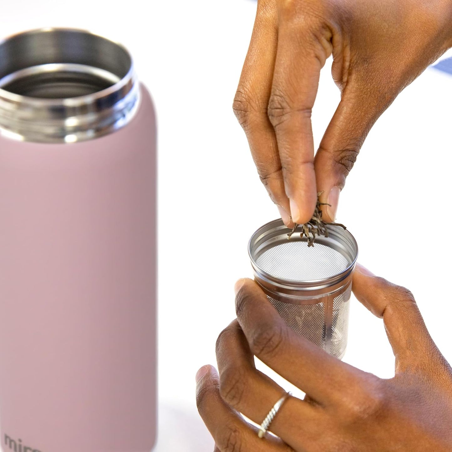 MIRA 18 oz Tea Infuser Thermos - Stainless Steel Travel Bottle with Removable Strainer for Loose Leaf Tea - Insulated Hot & Cold Brew Steeper - Punch Pink
