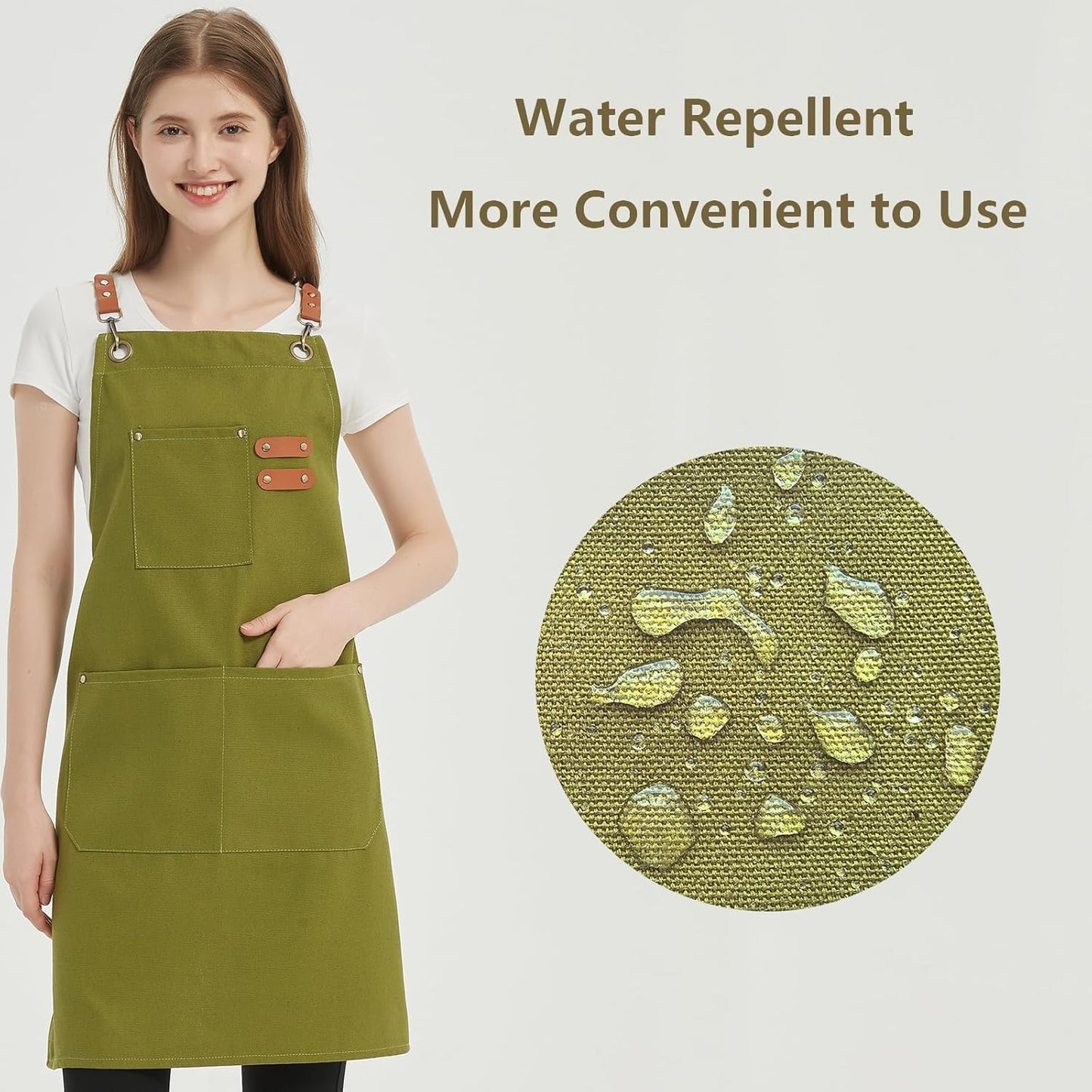 AFUN Chef Aprons for Women Men with Large Pockets, Cotton Canvas Cross Back Water Repellent Work Apron, Size M to XXL (Armygreen)