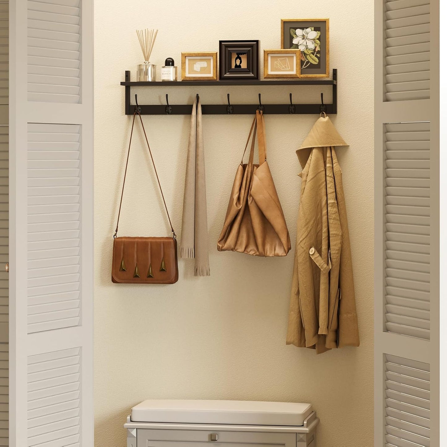 BAMEOS 35 Inch Wall Hooks With Shelf - Entryway Hanging Wood Coat Rack With 7 Dual Hooks for Bathroom, Living Room, Bedroom (Black)