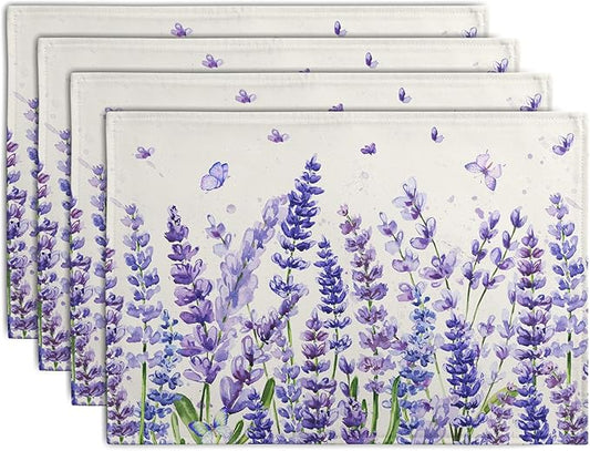 Lavender Placemats Set of 4 Purple Flower Butterfly Linen Fabric Table Mats Seasonal Spring Summer Rustic Floral Placemat Farmhouse Decorative Washable Place Mats for Home Kitchen Dining Table