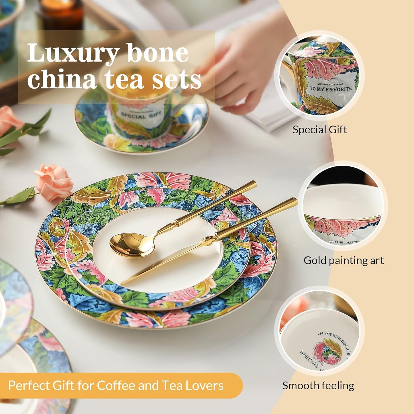 ACMLIFE Tea Set for Adults, 21-Piece Green Bone China Tea Set for Women with Teapot Sugar Bowl Cream Pitcher, Fine Chineae English British Set for 6, Gift (green, Extra Large set 21)