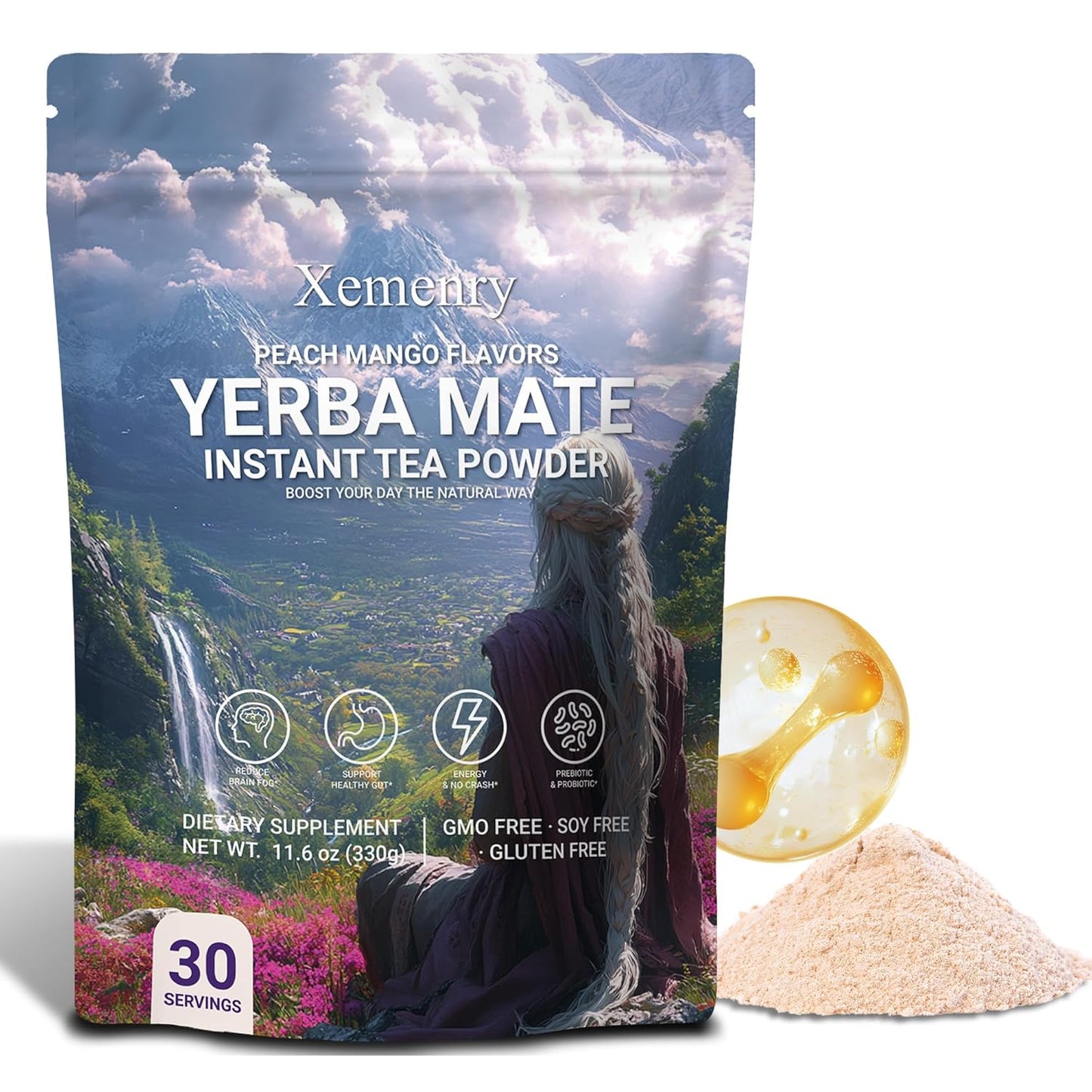 Yerba Mate Tea Powder - Peach Mango, Clean Energy & Focus with L-Theanine, Gut Health Support with Prebiotics, No Crash, 11.6oz (30 Servings)
