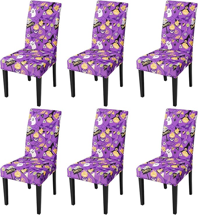 JQinHome Purple Halloween Chair Slipcover, Spider Web Chair Covers Set of 6, High Stretch Washable Chair Protector Cover for Dining Room, Kitchen,Home Party,Wedding Ceremony(Purple Candy,6PC)