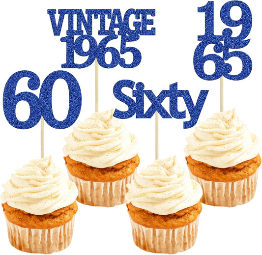 Gyufise 24Pcs Vintage 1965 Cupcake Toppers Cheers to 60 Fabulous Sixty Cupcake Picks Decorations for 60th Birthday Wedding Anniversary Party Cake Decorations Supplies Deep Blue