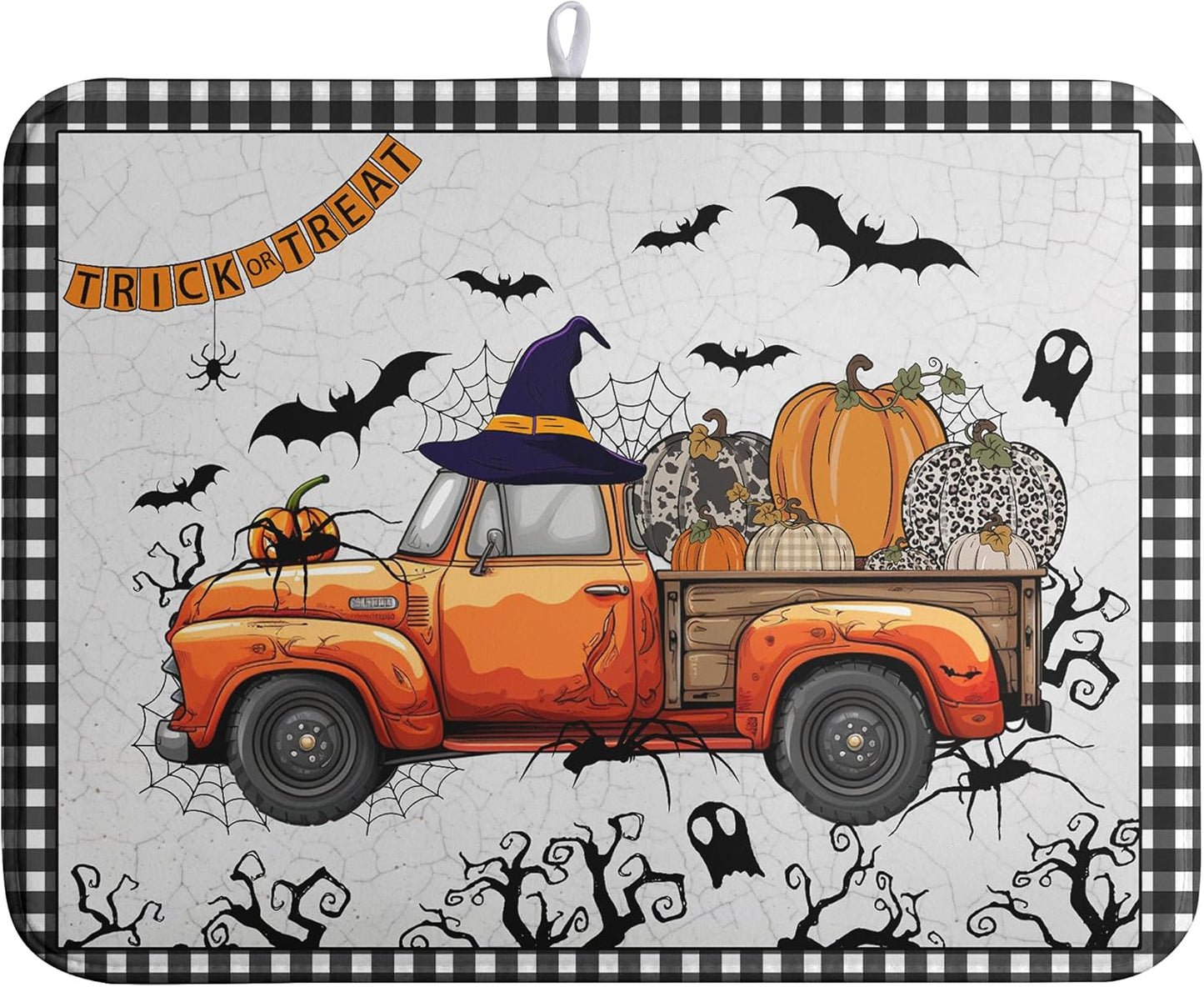 Happy Halloween Pumpkin Truck Dish Drying Mat For Kitchen Trick or Treat Microfiber Absorbent Dish Drying Mats Spooky Black Bat Ghost Self Dish Draining Mat 18x24 In Coffee Bar Spill Pad Decoration