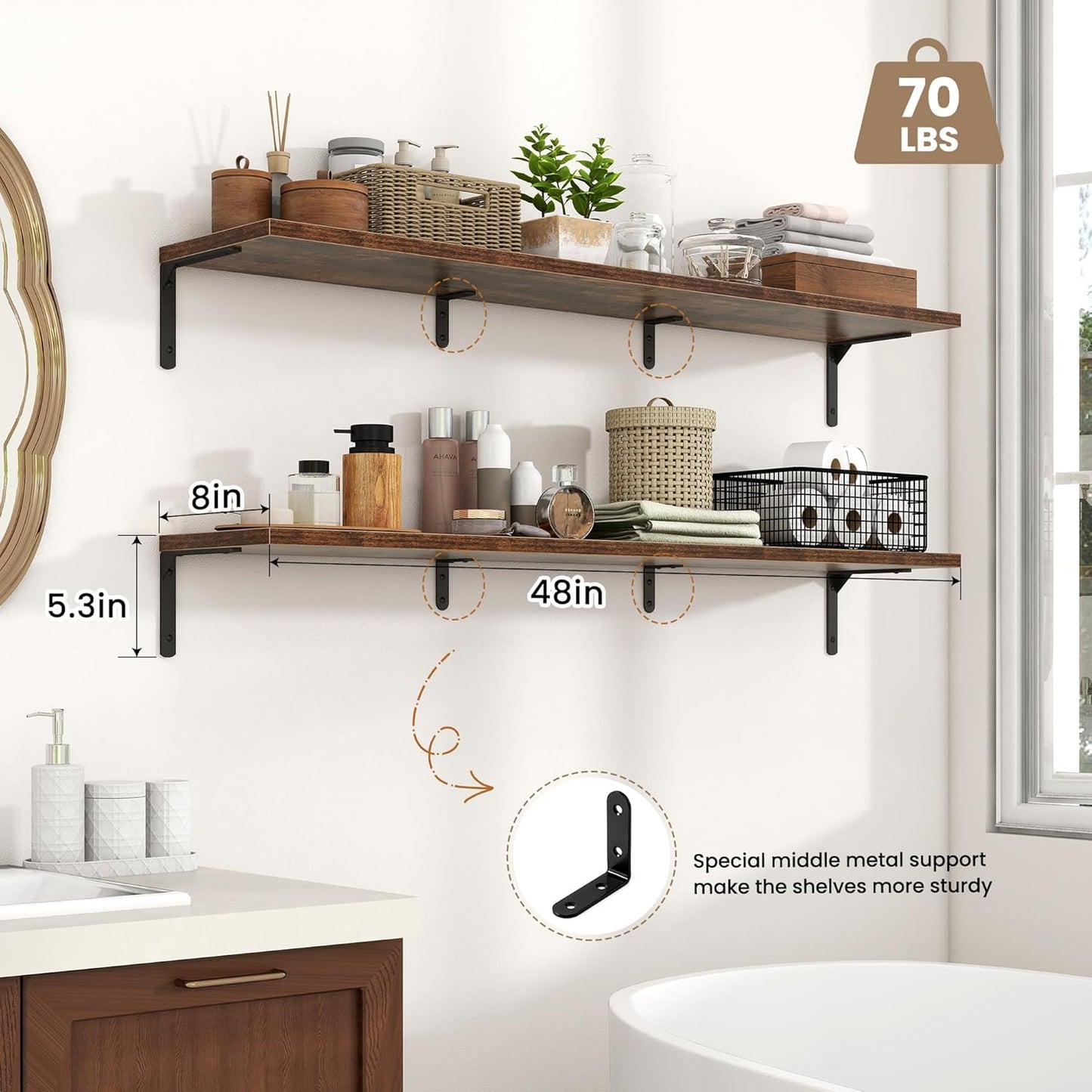 Fun Memories Deep Floating Shelves, 48W x 8D Floating Shelves Set of 2, Wall Mounted Shelf with Metal Brackets, Rustic Wood Wall Shelf for Bathroom, Kitchen and Living Room, Rustic Brown