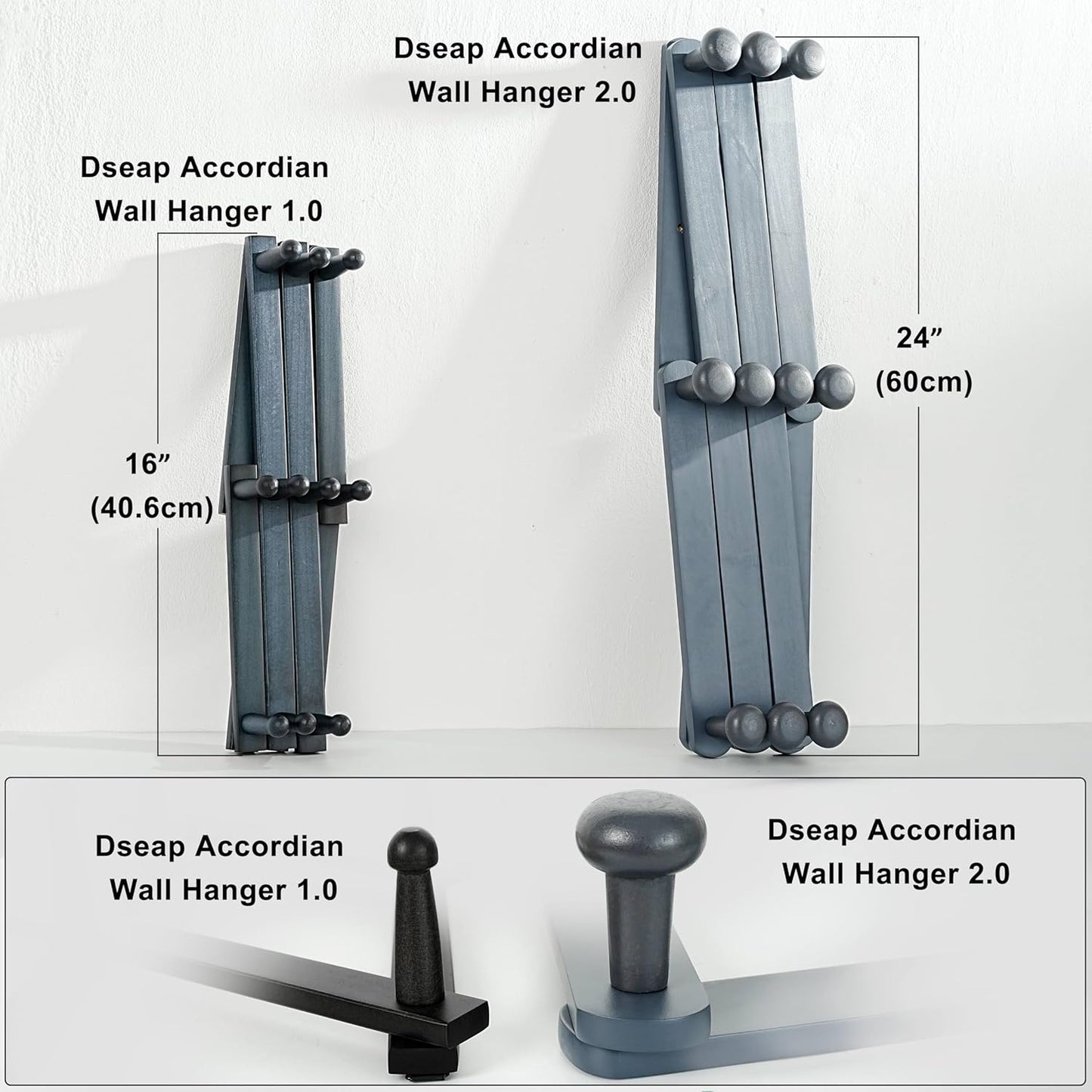Dseap Expandable Coat Rack (Larger Version) - 24” High, Anti-Slip, Ultra Heavy Duty Wooden Accordian Wall Hanger with 10 Study Peg Hooks for Clothing Hats Jackets Bags, Grey