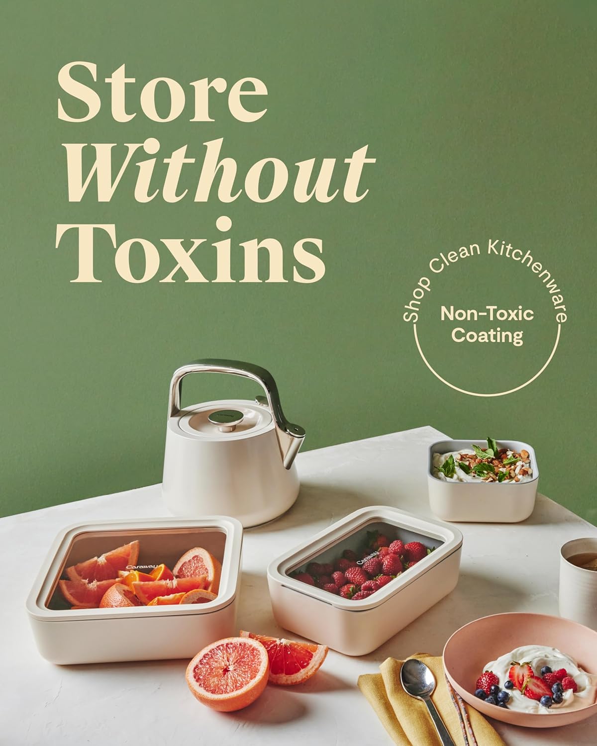 Caraway Glass Food Storage, 10 Cup Glass Container,Ceramic Coated Food Container,Easy to Store, Non Toxic, Non Stick Lunch Box Container with Glass Lids. Dishwasher, Oven,Square Shape,Sage