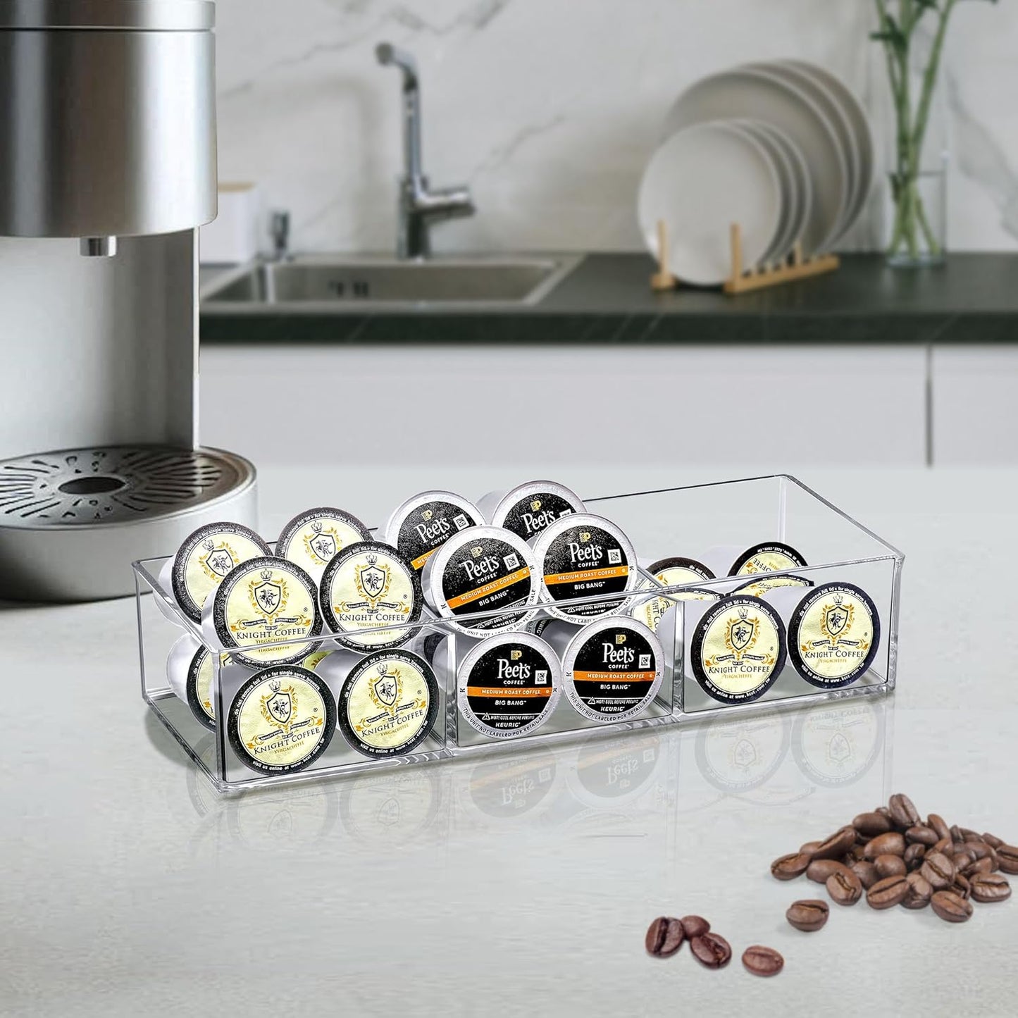 Amazing Abby - Deja Brew - Acrylic 3-Compartment Coffee Pod Holder, Large-Capacity Plastic Coffee Capsule Storage, BPA-Free and Shatter-Proof, Great for Use on Countertop or in Drawer