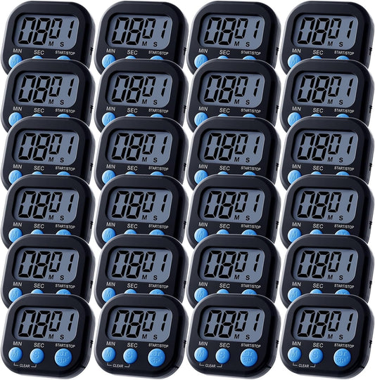 Leumoi 24 Pcs Digital Kitchen Timers Magnetic Back Timers Bulk Large Screen Loud Alarm On/Off Switch Minute Second Count up Countdown Memory Setting for Cooking Classroom Exercise(Black and Blue)